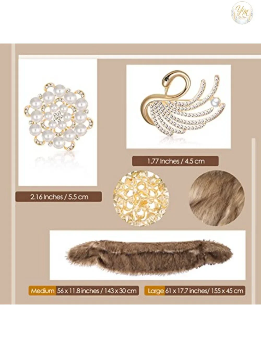 Faux Fur Shawl Wrap Stole with Pearl Rhinestone Brooches for Weddings